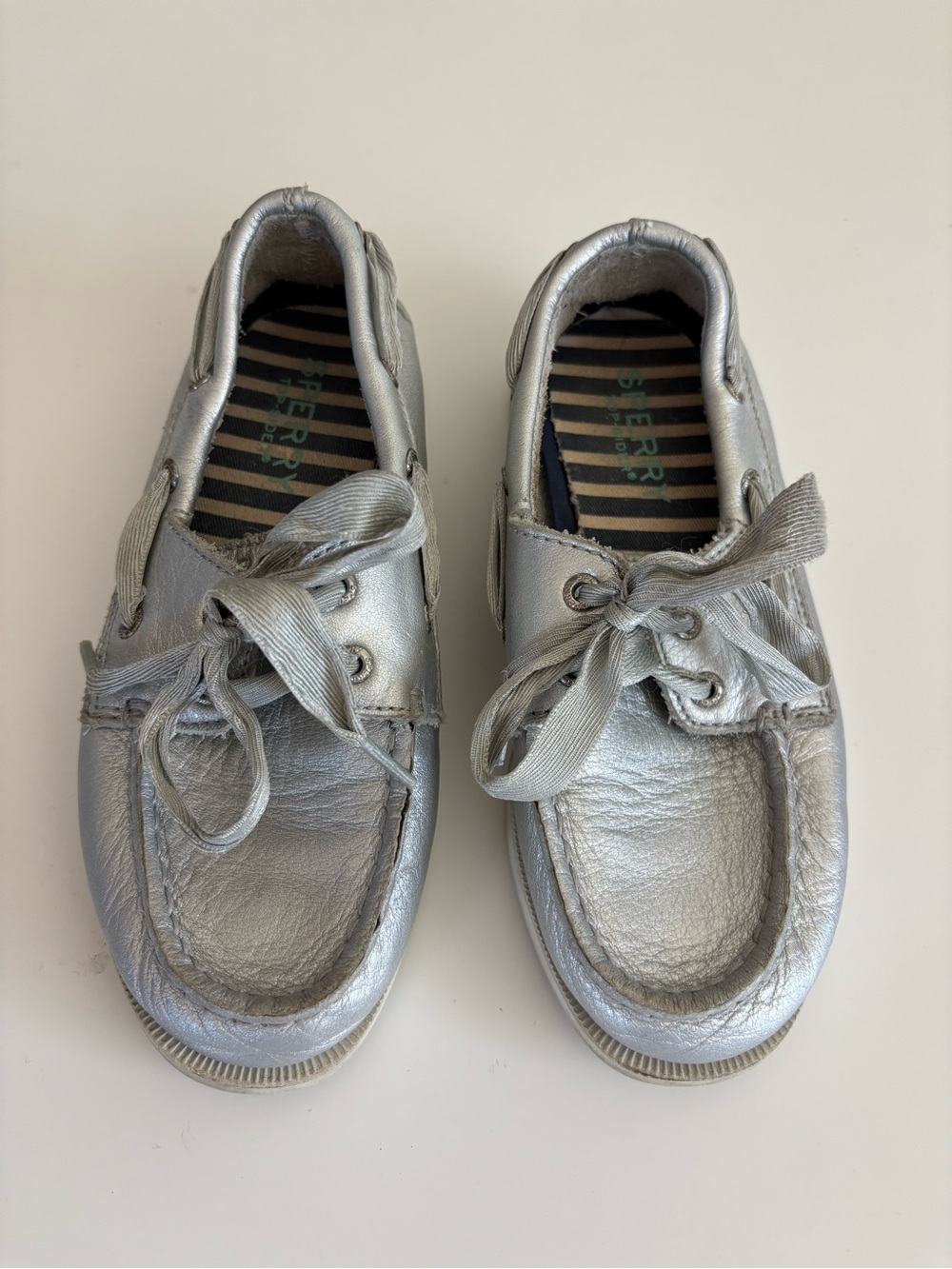 Metallic Silver Leather Kids Boat Shoes